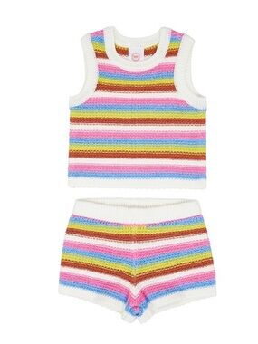 NWT Girls (2T) Crochet Tank & Shorts Set with Cream/Pink/Blue/Yellow Stripes
